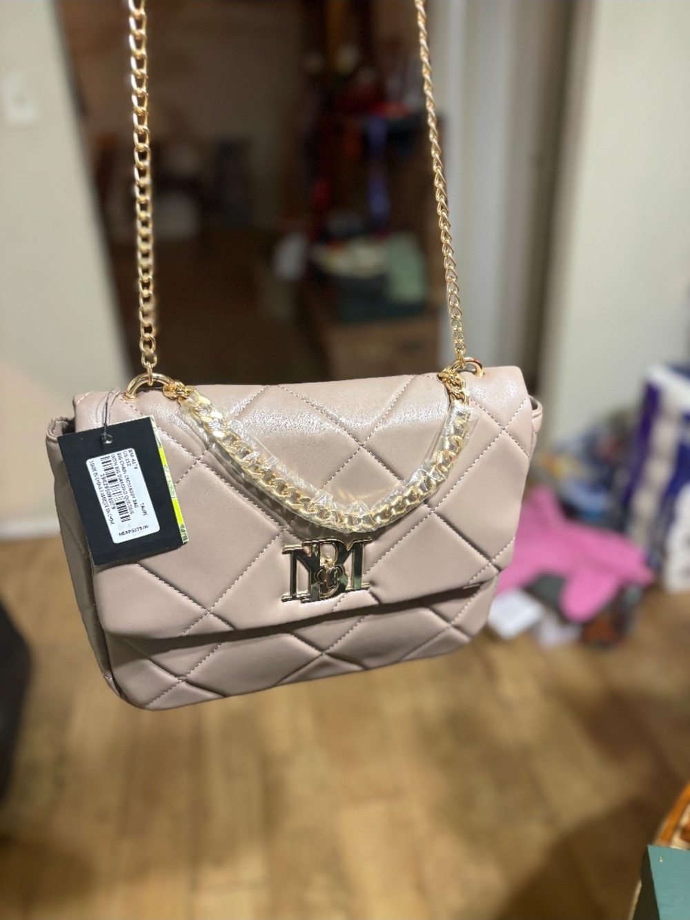 Badgley Mischka Quilted Blush Crossbody with Gold Chain